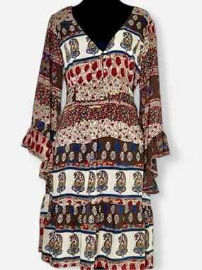 Ophelia for FC Boho Patchwork Paisley Tiered Midi Dress Med 100% Cotton